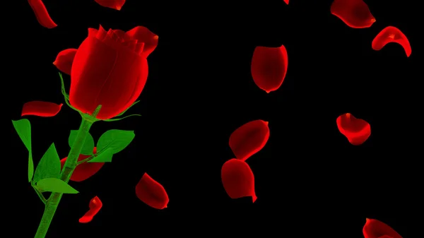 Červený neonový růže s lístky izolovaných na černém — Stock fotografie