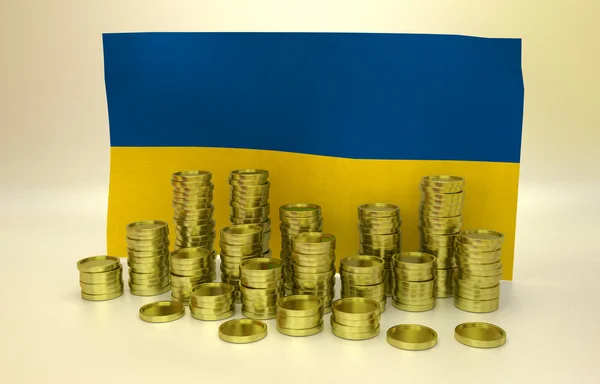 Golden coins and Ukrainian flag — Stock Photo, Image