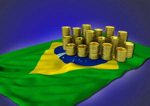 Brazilian economy concept with national flag and golden coins — Stock Photo, Image