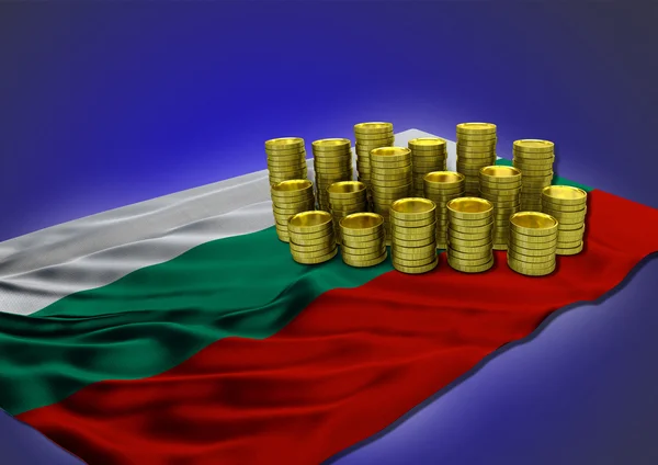 Concept van de Bulgaarse economie met nationale vlag en gouden munten — Stockfoto
