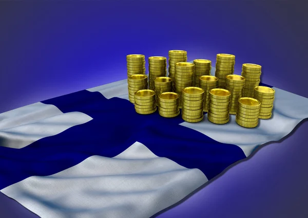 Finnish economy concept with national flag and golden coins — Stock Photo, Image
