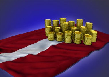 Letonca ekonomi kavramı ulusal bayrak ve altın para ile