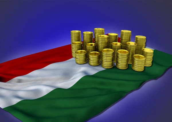 Hongaarse economie concept met nationale vlag en gouden munten — Stockfoto