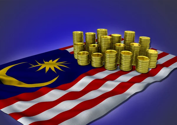 Концепция экономики Малайзии с национальным флагом и золотыми монетами — стоковое фото