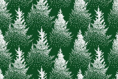 Karda Çam ve Ağaçlar 'ın olduğu kusursuz kış desenleri. Kozalaklı Orman. Noel süslemesi. Vektör illüstrasyonu