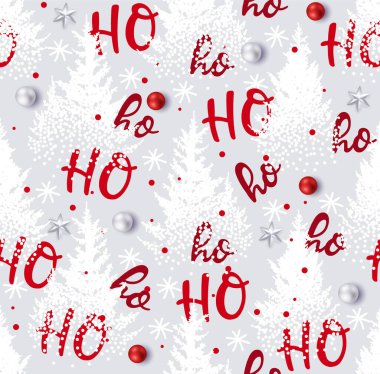Ho ho ho, Noel Baba gülüyor. Noel tasarımı için kusursuz doku. Karda Noel ağaçları ve çam ağaçları var. Kırmızı el yazısıyla yazılmış vektör gri arkaplan ho ve Noel süslemeleri.