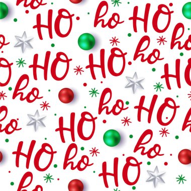 Ho ho ho desen, Noel Baba gülüyor. Noel oyuncaklarıyla Noel tasarımı için kusursuz doku. Vektör beyaz arkaplan kırmızı el yazısı ho.