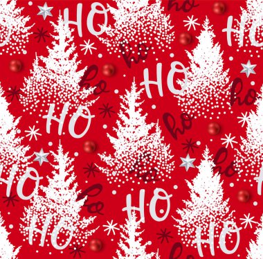 Hoho desenli, Noel Baba gülüyor. Karda Çamlar ve Ağaçlar ile Noel tasarımı için kusursuz bir doku. El yazısı Ho olan vektör kırmızı arkaplan.