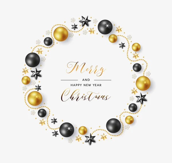 Composición Navideña Corona Navidad Sobre Fondo Blanco Oro Bolas Negras — Vector de stock