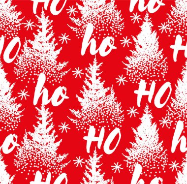 Hoho desenli, Noel Baba gülüyor. Karda Çamlar ve Ağaçlar ile Noel tasarımı için kusursuz bir doku. El yazısı Ho olan vektör kırmızı arkaplan.
