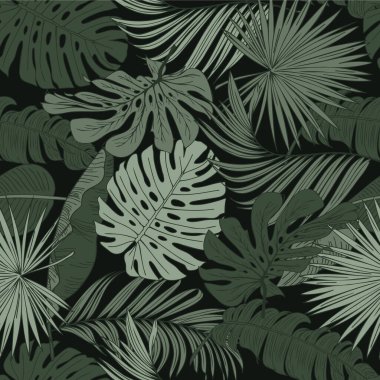 Renkli bitkiler ve siyah arka planda yapraklarla botanik ve dikişsiz tropikal desenler. Renkli, şık bir çiçek. Egzotik tropik yerler. Yaz. Hawaii tarzı..