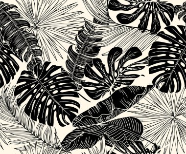 Siyah beyaz canavar, palmiye, muz, tropikal yaprak desenleri. Vektör