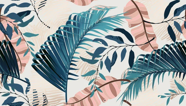 Fondo Exótico Vector Tropical Con Plantas Flores Hawaianas Palma Deja — Archivo Imágenes Vectoriales