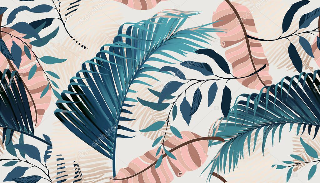 Exotic tropical vector background with Hawaiian plants and flowers. Palm leaves background. Vector pattern with jungle leave in trendy style.