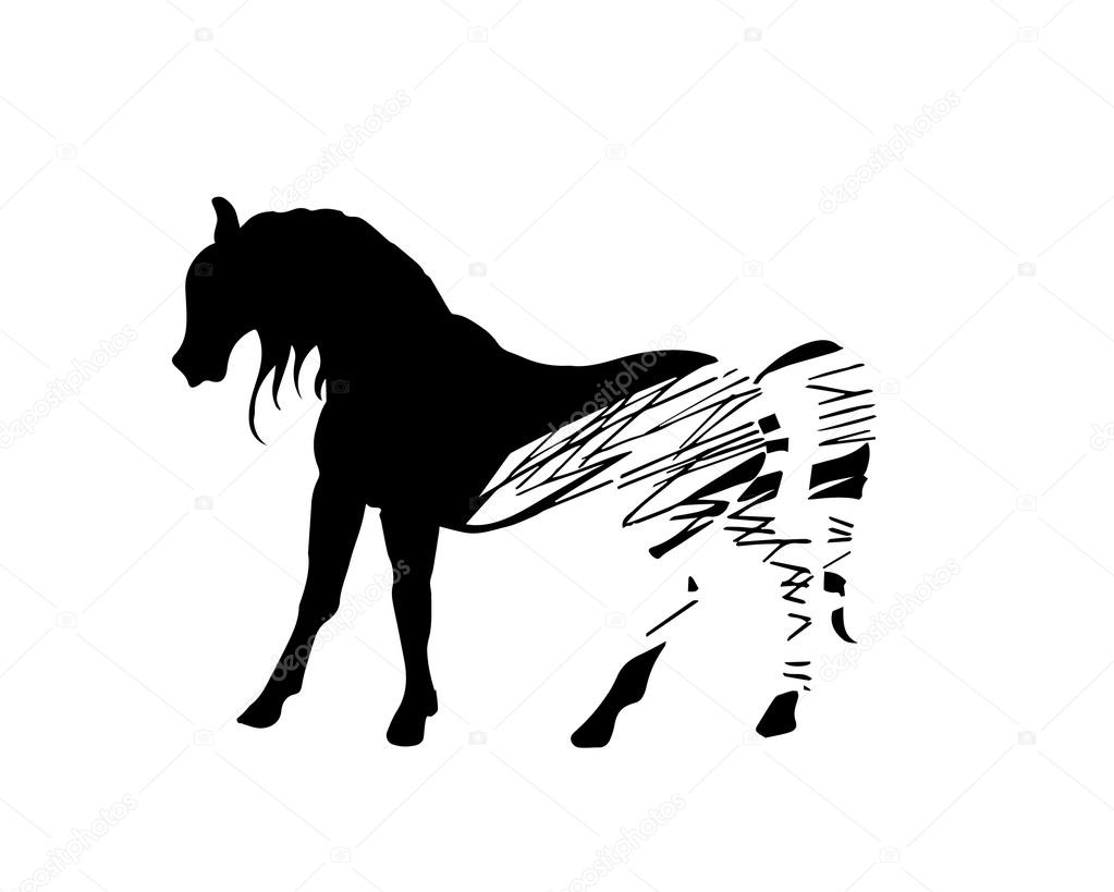 Silhouette of a black horse on a white background