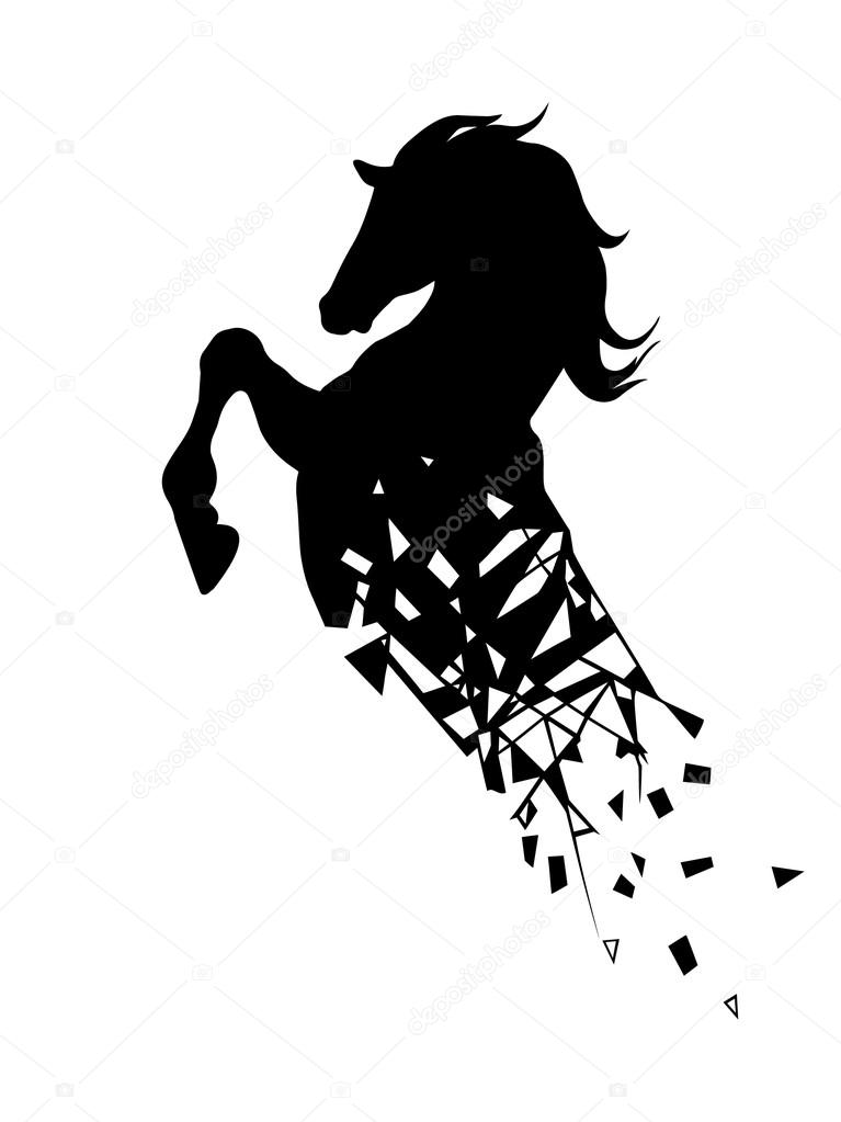 Black horse breaks into pieces on a white background
