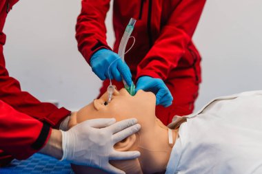 Tıbbi manken kullanarak endotrakeal entübasyon eğitimi alan kırmızı üniformalı iki sağlık görevlisinin yan görüntüsü. Yakın çekim.