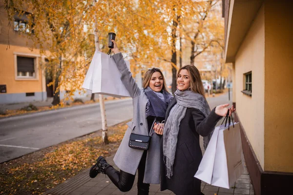 公園に立つ幸せな若いブロンドの女性の完全な長さ 彼らの手に袋を持ってポーズ 秋のショッピング姉妹 — ストック写真