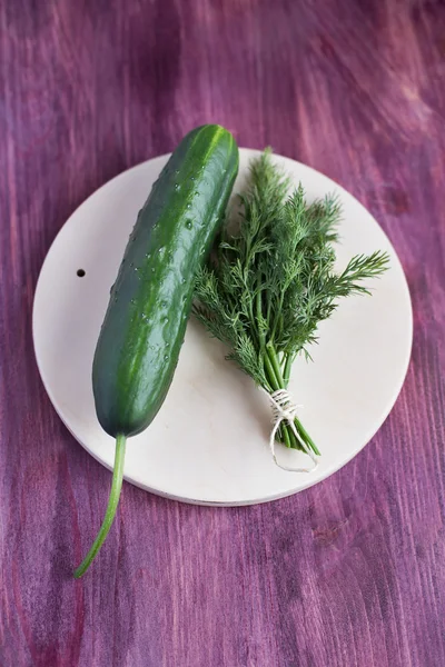 One fresh cucumber and bunch dill — Stock Photo, Image