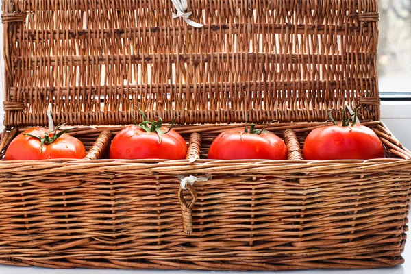 Four tomatoes in wicker retro box