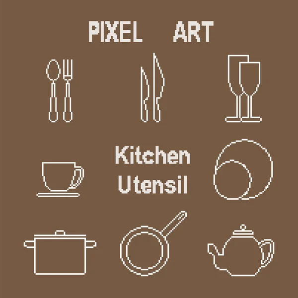 Pixel arte contorno cocina utensilios iconos — Vector de stock