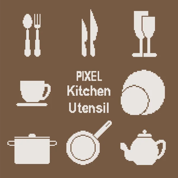 Pixel arte cocina utensilios iconos — Vector de stock