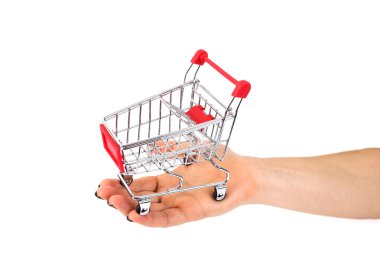 Beyaz arka plan üzerinde elinde alışveriş sepeti