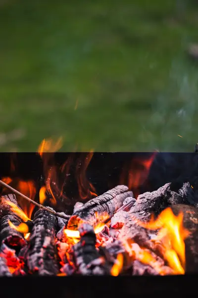 Fire flames with sparks on the coals — Stock Photo, Image