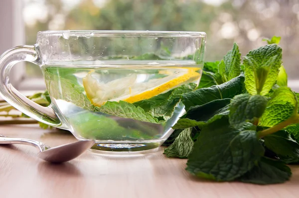 Thé à la menthe au citron dans une tasse en verre — Photo