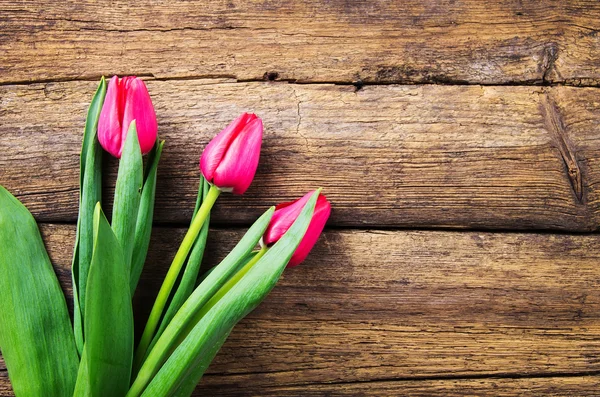 Tulipanes rosados sobre fondo de madera viejo — Foto de Stock