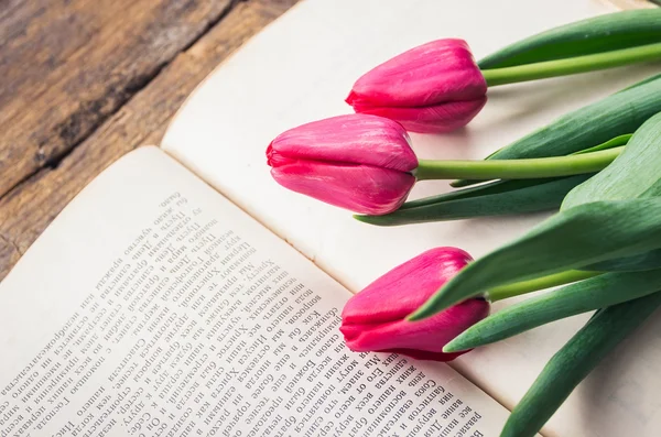 Pink tulips on an open old book — Stock Photo, Image