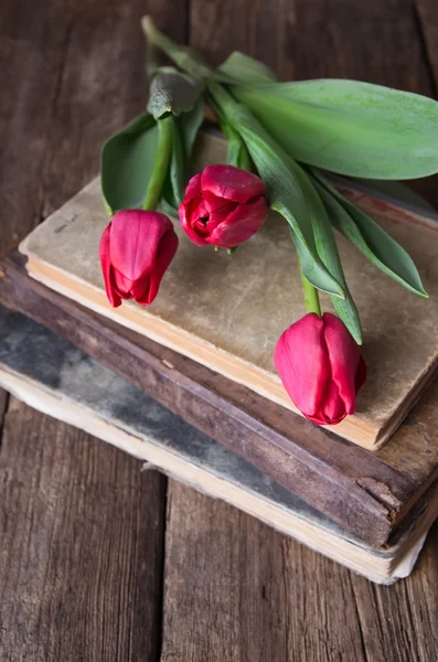 Pink tulips on a pile of old books — Stock Photo, Image