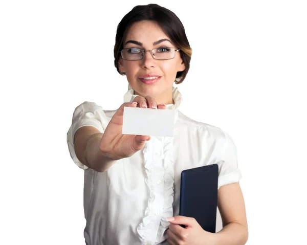 Businesswoman showing and handing a blank business card. Office background. — Stock Photo, Image