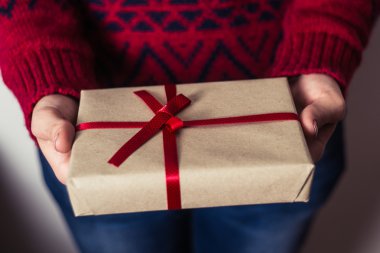 bir hediye kutusu tutan kız. kırmızı kurdele