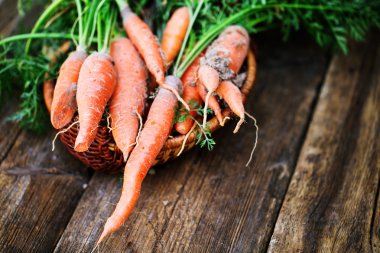 Ahşap zemin üzerinde yeşil yapraklar olan taze havuçlar. Sebze. Yiyecek.