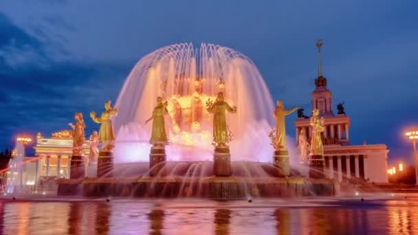 Fountain Friendship of peoples at night. Timelapse. Moscow. Russia. — Stock Video