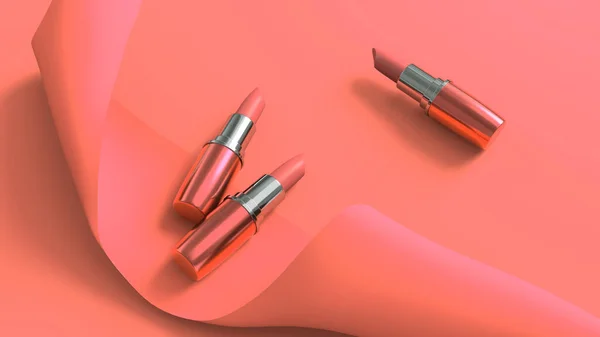 Luxury Lipsticks Peach Colour Ribbon Make Cosmetics Beauty Brand Product — Stock Photo, Image