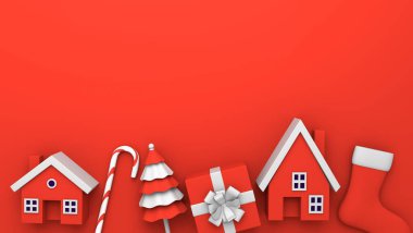 Güzel kırmızı Noel arkaplanı ve içeriğiniz için fotokopi alanı. Evler, ağaçlar, hediyeler ve çoraplar hepsi kırmızı ve beyaz renkte. Bu bir 3D canlandırma. Bu bir Noel kutlamaları şablonu, vesaire.