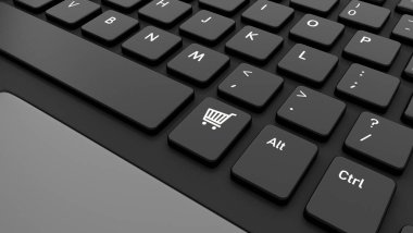 Üzerinde alışveriş arabası ikonu olan siyah bir klavyenin yakın çekimi. E-ticaret konsepti Online mağaza Satın alma düğmesi klavyede . 