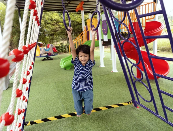 Asian Boy Climbing Playground Equipment School — Photo