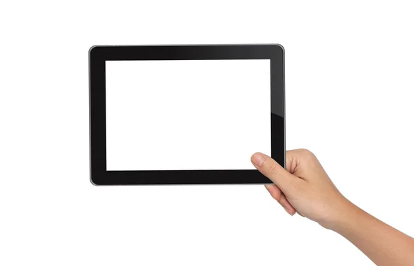 Vrouwelijke hand met tablet pc geïsoleerd op wit — Stockfoto