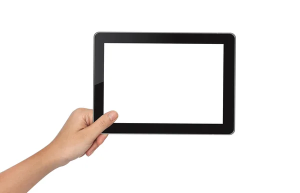 Vrouwelijke hand met tablet pc geïsoleerd op wit — Stockfoto