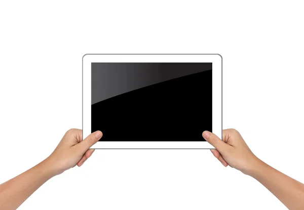 Weibliche Hand hält Tablet-PC isoliert auf weiß — Stockfoto