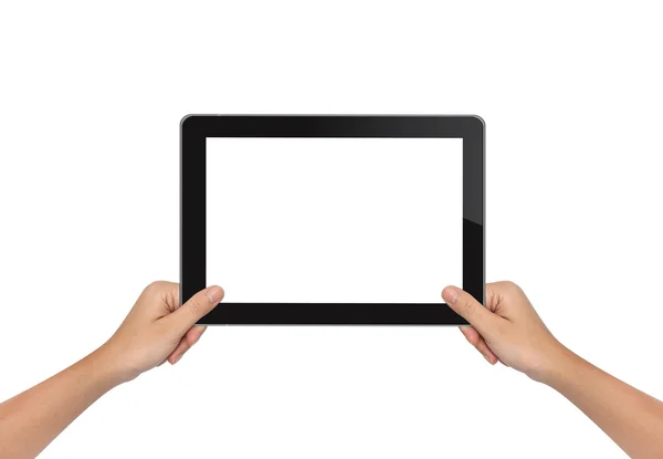 Vrouwelijke hand met tablet pc geïsoleerd op wit — Stockfoto