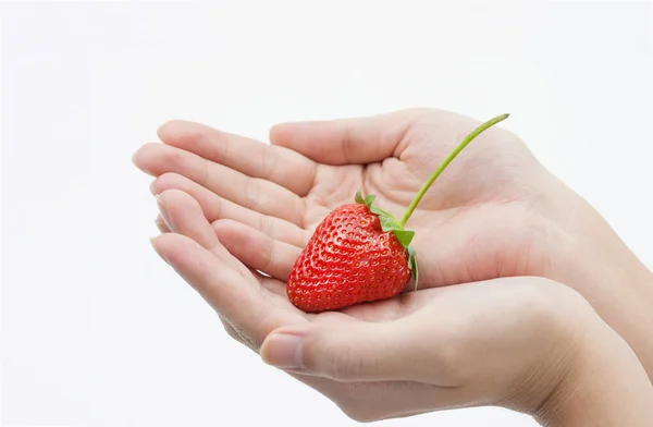 Fraise dans la main de la femme isolé sur fond blanc — Photo