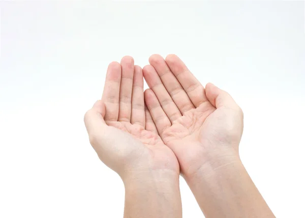 女人给予或孤立的白色背景上的手牵着手 — 图库照片