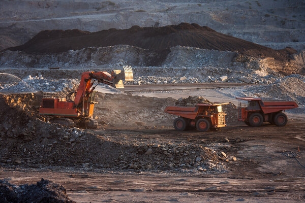 coal-preparation plant. Big mining truck at work site coal trans