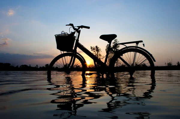 Silhouette de vélo debout dans l'eau au coucher du soleil . — Photo