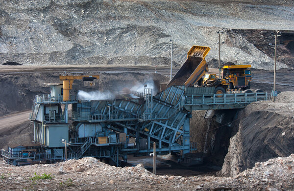 coal-preparation plant. Big  mining truck at work site coal tran