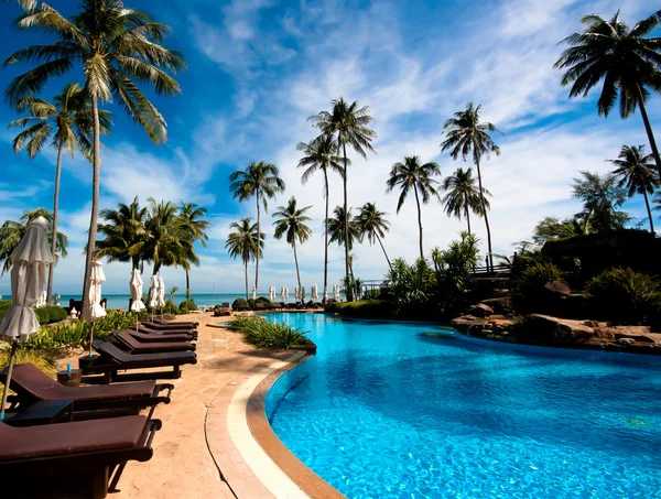 Deckchairs in tropical resort hotel pool